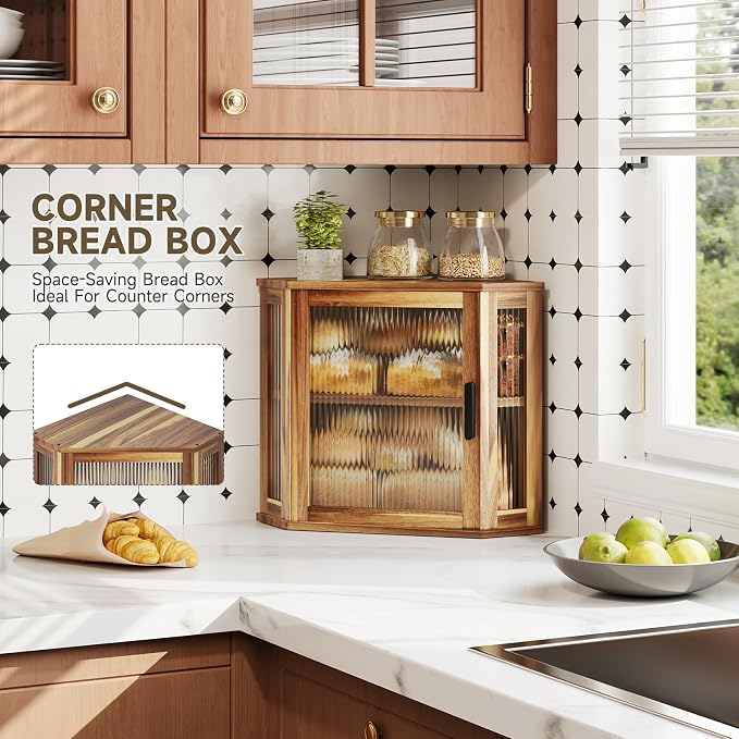 Corner Bread Box,Vintage Acacia Wood Bread box for Kitchen Countertop | Double Layer Large Capacity Wooden Bread Storage Bin, Adjustable Height