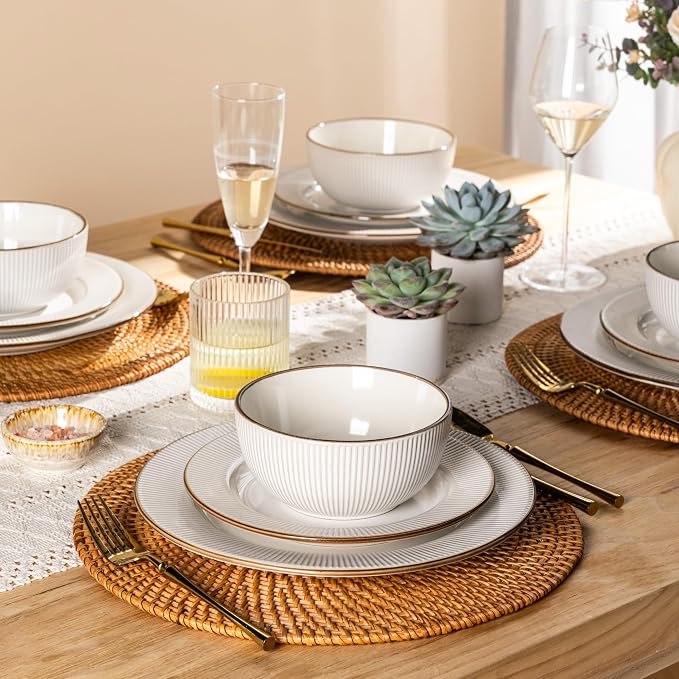 GBHOME Ceramic Dinnerware Sets of 8,24 pcs Plates and Bowls Sets Dishes | Embossed Elegant Stoneware Dishes Set | Dishwasher & Microwave Safe | Service for 4