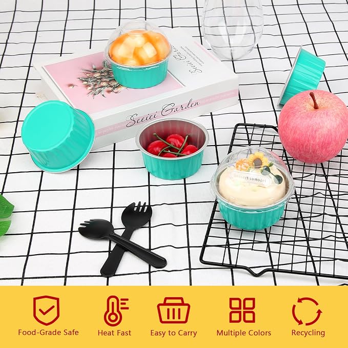 LNYZQUS 5oz Dot Cake Cups with Dome Lids 100 Pack, Foil Cupcake Pans | Mini Cake Tins and Containers, Disposable Ramekins, for Baking and Packaging, Round Cyan Blue
