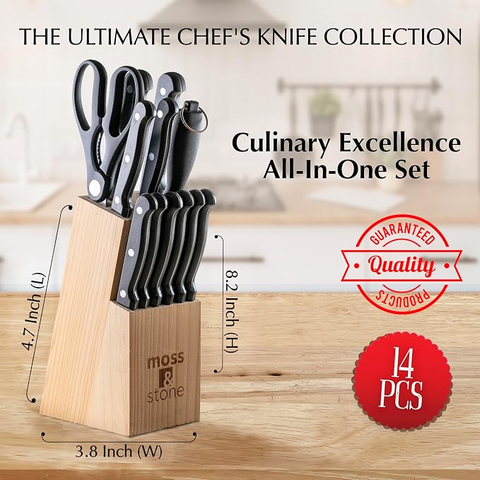 Moss & Stone 14 Pcs Kitchen Knife Set with Block, Stainless Steel | Premium forged kitchen knives with high-carbon sharp blades, ergonomic handle, rust-resistant knife block set for home & chef