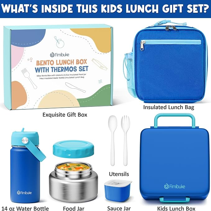 Fimibuke Bento Box for Kids Adult - Leakproof 3-4 Compartments Lunch Bento Box Set with Insulated Food Jar, Water Bottle, Lunch Bag, Sauce Cup & Cutlery for Toddler Teen Shcool Girl Boy Age 3+