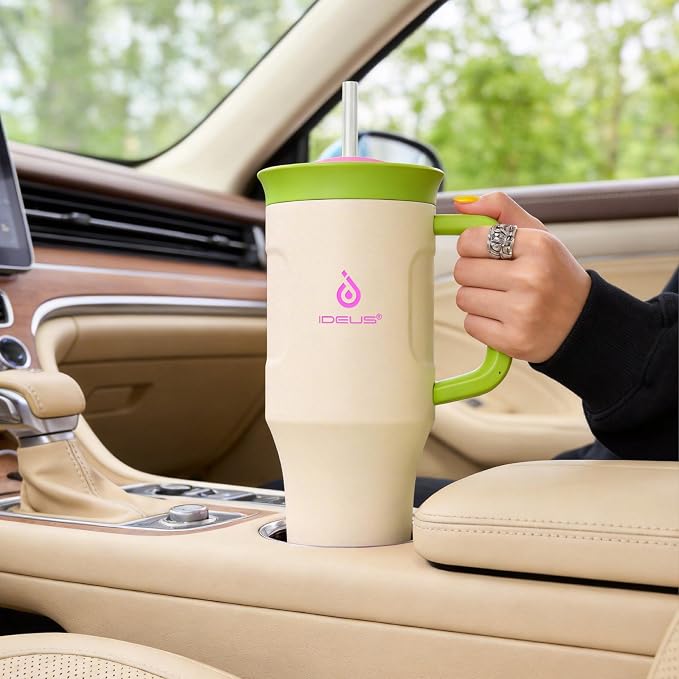 Ideus 32 oz Tumbler with Handle and Straw, Cream White | 100% Leak Proof, Double Wall Vacuum Insulated, Stainless Steel Travel Mug, Cup Holder Friendly