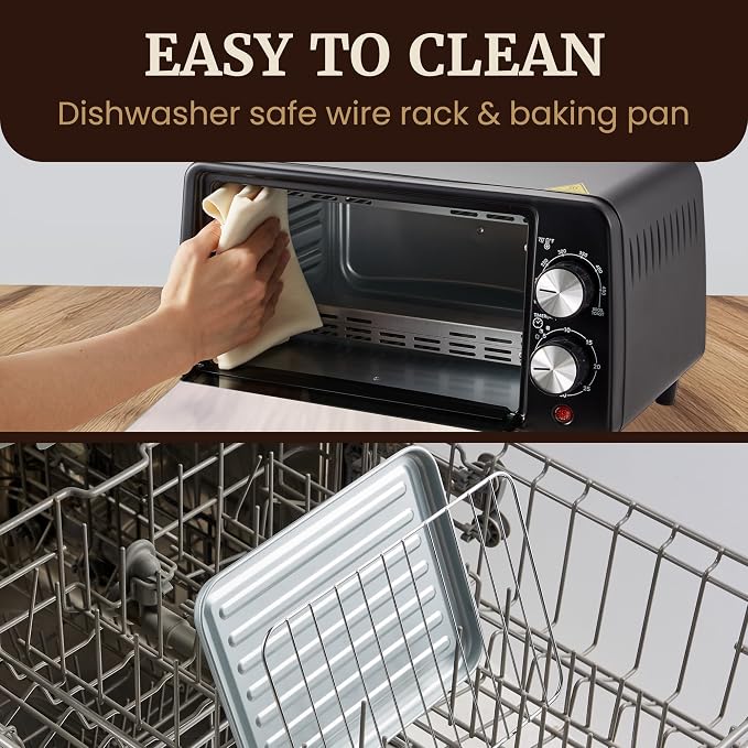 Elite Gourmet ETO449 Toaster Oven, 9.5Qt/4-Slice, 800W Quartz, Black | Fits 8" Pizza, 200-450F Adjustable Temp, 30-Min Timer - includes Bake Pan & Rack, compact countertop mini design