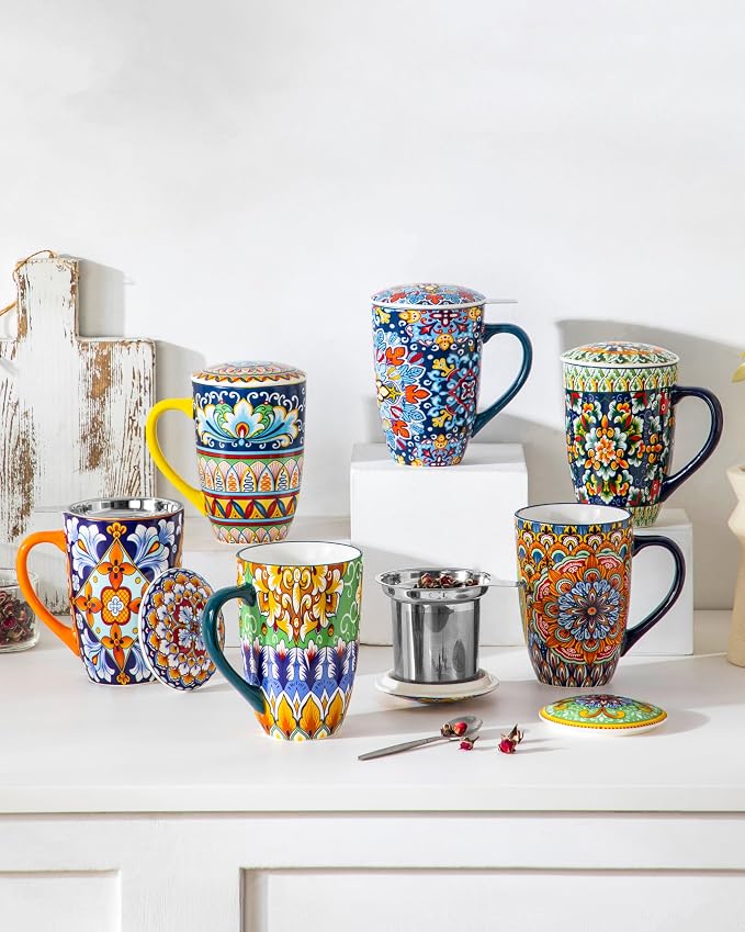 vancasso Ceramic Tea Mug with Infuser and Lid, 18 Ounce Bohemian Loose Leaf Cup, Microwave & Dishwasher Safe, Perfect for Tea, Coffee, Beige-Mustard Tribe