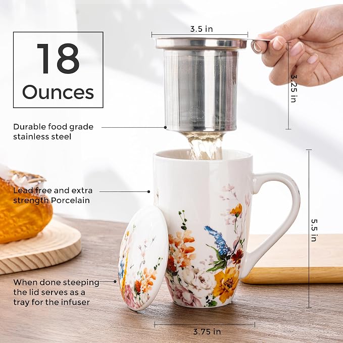 GBhome Tea Mug with Infuser and Lid, 18 Ounce Large Ceramic Loose Leaf Tea Cup, Microwave, Dishwasher Safe Tea Steeping Mug, Pefect Gift For Tea Lover. | Lead-Free Glaze For Tea Lovers,Microwave & Dishwasher Safe with Tea Strainer
