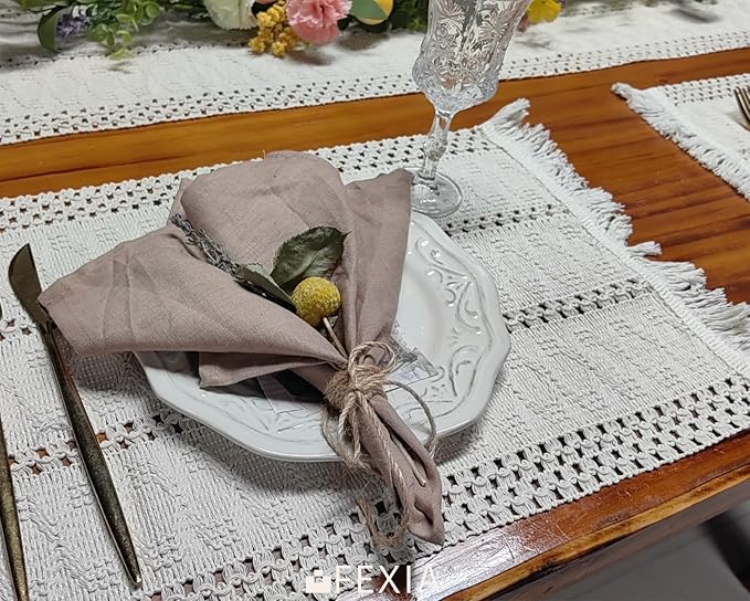 Beige Boho Placemats Set of 4 Table Mats Farmhouse Home Dining Decor | 12x20" Place Mat Set of 4 Macrame Table Decor Farmhouse Burlap Placemats for Home Dining Table Centerpiece Home Decorations