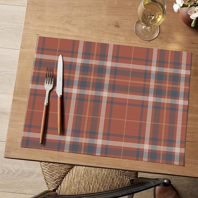 Artoid Mode Stripe Plaid Vinyl Placemats Set of 4, 12x18 Inch Washable Non-Slip Heat Resistant Plastic Place Mats for Party Dining Table, Rust
