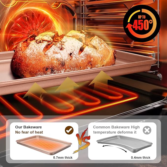 Wildone Baking Sheet Pan Set of 2, Nonstick Cookie Sheets for Baking | Thicker Carbon Steel Jelly Roll Pan Oven Tray 15x10 Inch, Heavy Duty & Easy Clean, Rose Gold