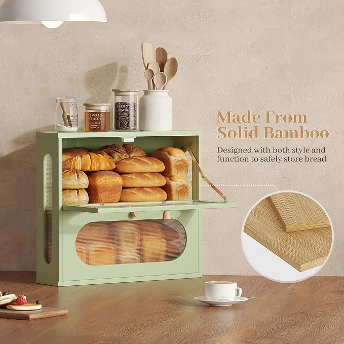 Corner Bread Box for Kitchen Countertop, 2026 New Double Layer Bamboo Bread Storage Bin, Large Bread Container for homemade bread (Green)