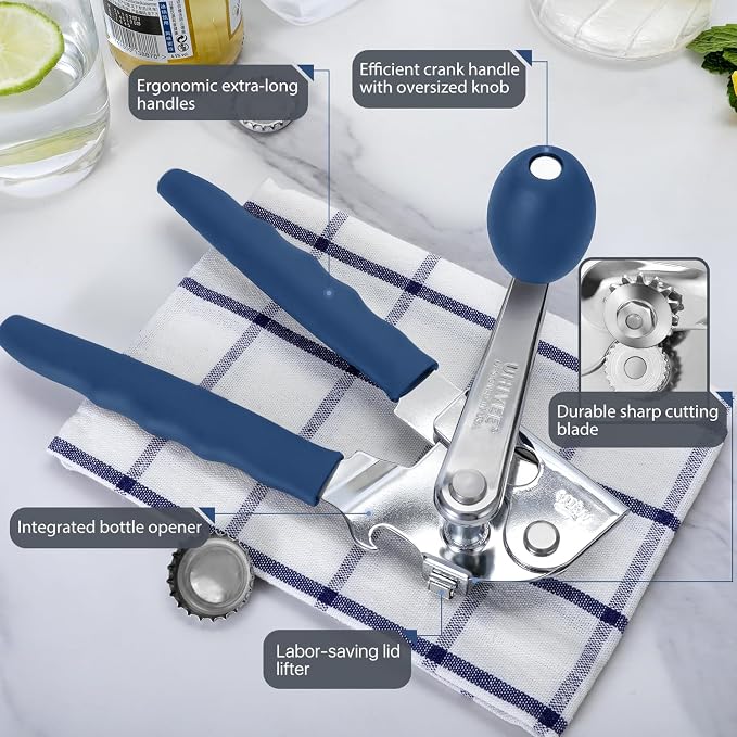 UHIYEE Commercial Can Opener Heavy Duty, Hand Crank for Large Cans, Blue | Manual Can Opener, High-Carbon Blade, Extra-Long Handle, Oversize Knob, Built-in Magnet & Bottle Opener, For #10 Cans
