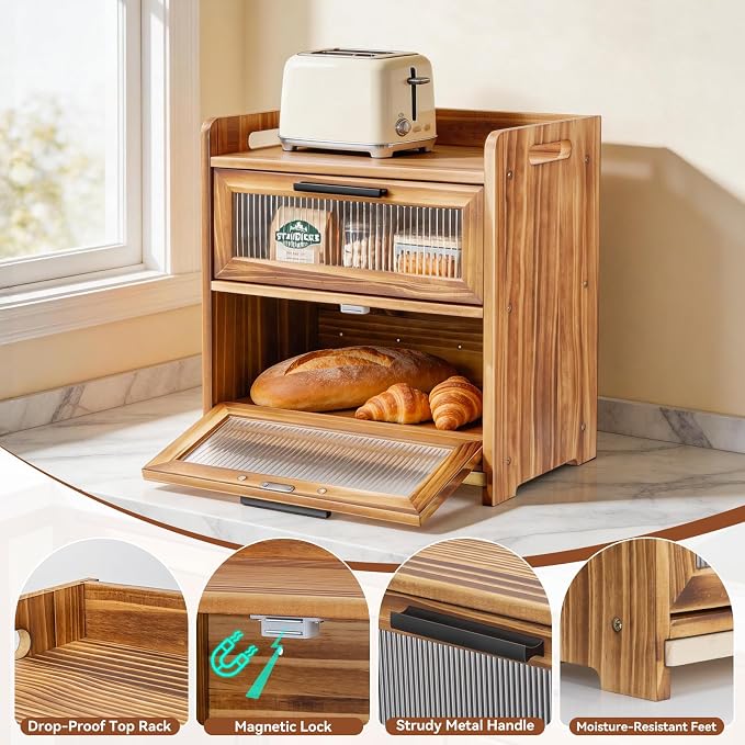 Bread Box for Kitchen Countertop, Large Wooden Breadbox with Cutting Board | Double Layer Bread Storage Container for Homemade Bread with Handles, Acrylic Window and Air Vents Keep Bread Fresh (Brown)