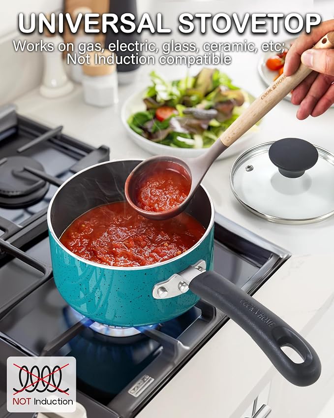 Cook N Home Basic 2 Quart Nonstick Saucepan with Glass Lid, Small Non Stick Aluminum Sauce Pan, Multi-Purpose Milk Chocolate Cooking Pot with Stay-Cool Handle, Turquoise | Nonstick Aluminum Sauce Pan, Multi-Purpose Milk Chocolate Cooking Pot with Stay-...
