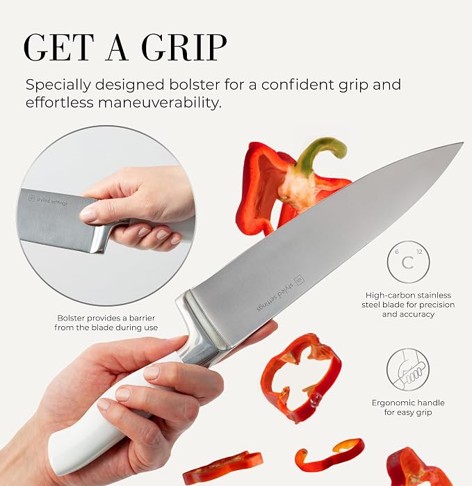 Styled Settings White Knife Set with Block and Sharpener, 14-Piece | High Carbon Stainless Steel Knives with Ashwood Block and Built-In Sharpener - Durable White Kitchen Accessories for Cooking
