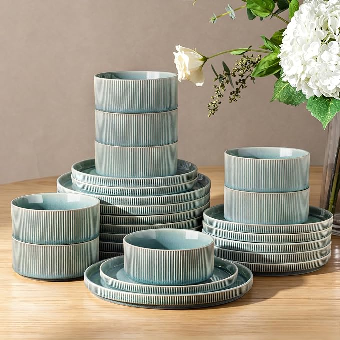 GBHOME Stoneware Dinnerware Sets for 8, 24-Piece Plates and Bowls Set | Handmade Reactive Glaze Ceramic Dish Set, Scratch Resistant, Dishwasher&Microwave Safe,Malachite Green