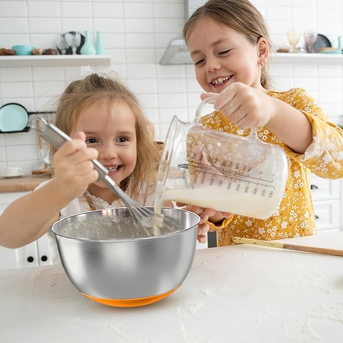 KITEISCAT Stainless Steel Mixing Bowls with Lids – Set of 5 Large Nesting Metal Bowls for Kitchen, Baking, Cooking, Food Prep & Storage, Non-Slip Base, Dishwasher Safe,Orange