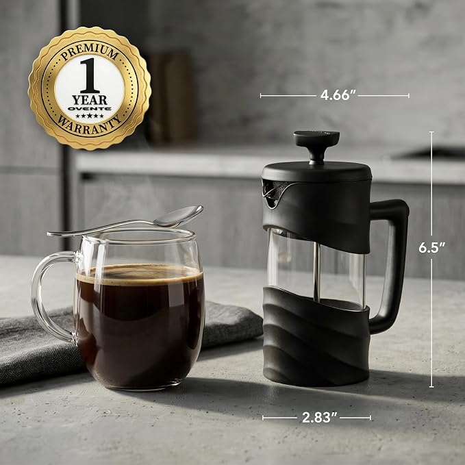 OVENTE 12oz French Press Coffee Maker with 4-Level Filtration, Black FPW12B | Heat-Resistant Borosilicate Glass Cafetiere, Dishwasher Safe Stainless Steel Filter, Compact Cold Brew for Travel and Camping