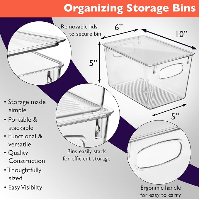 ClearSpace Pantry Storage Bins with Lids for Kitchen & Fridge, 6 Pack | Clear storage bins with lids keep pantry, fridge, and cabinets organized while protecting food and maximizing storage space