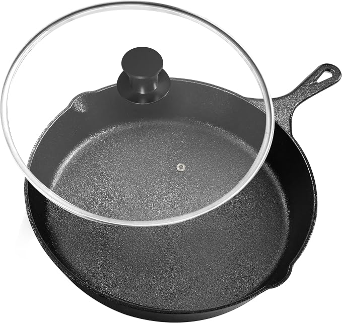 Utopia Kitchen Cast Iron Skillet 8 Inch with Lid Chefs Frying Pan Black | Chefs Pan, Pre Seasoned Skiller, Indoor and Outdoor Use, Grill Safe Cookware, Even Heat Distribution, Durable