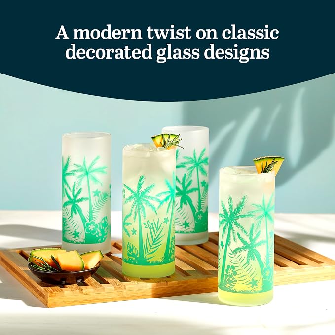 Libbey Vintage Palms Drinking Glasses Set of 4, Colorful, Retro Palm Tree Design Glass Cups Set, Dishwasher Safe Water Glasses Set for Cocktails