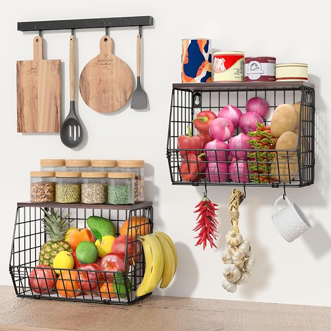 Wawocs Fruit Basket for Kitchen Counter 2 Tier Fruit Bowl, Stackable Wall Mounted Hanging Fruit Basket Wire Baskets with Wood Lid with 4 Banana Hanger Hooks, Onion Basket, Fruit and Vegetable Storage