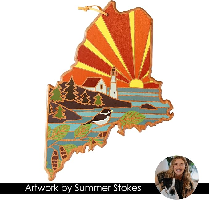 Totally Bamboo Maine State Shaped Cutting Board, Summer Stokes Art | State charcuterie board with colorful hand-drawn landscape art. Smooth reverse side for food prep. Hang tie for wall display.