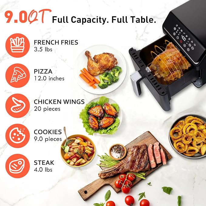 9.0 QT Air Fryer with Visible Window & Rotisserie Chicken Rack, Large Digital Touchscreen, Precise Temperature Control, Shake Reminder, Easy to Clean Family Air Fryer Oven
