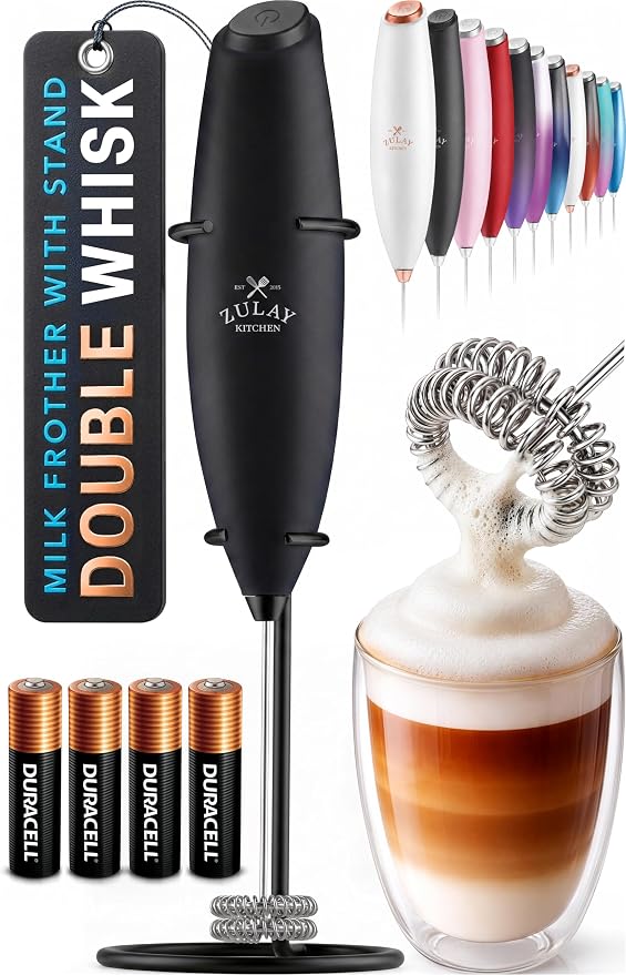 Zulay Kitchen Powerful Milk Frother Wand With Duracell Batteries - Ultra Fast Handheld Drink Mixer - Electric Whisk Foam Maker for Coffee, Lattes, Cappuccino & Matcha - Double Whisk - Exec Black