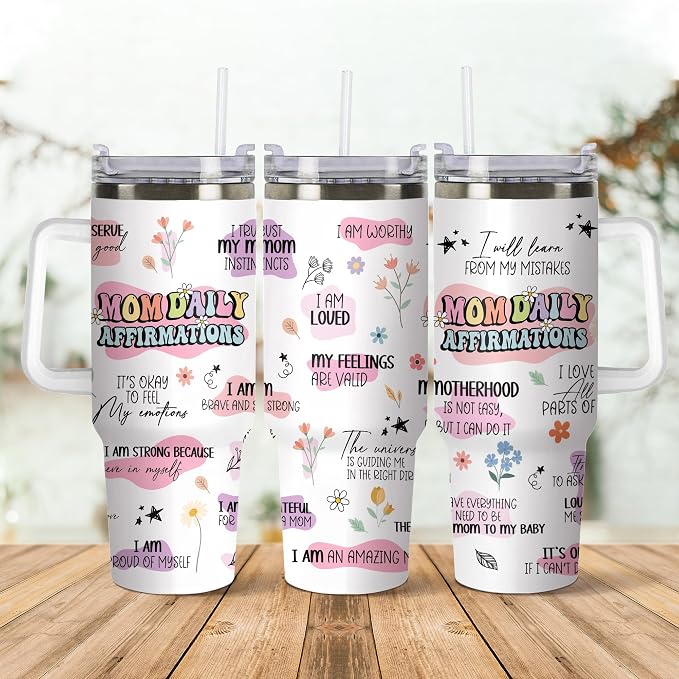 Gossby Mom Daily Affirmations Tumbler, 30oz Stainless Steel with Handle | Mom Birthday Gifts, Gifts for Mom Positive, Daily Affirmations Cup, Tumbler Insulated with Straw and Lid, Gift for Mama
