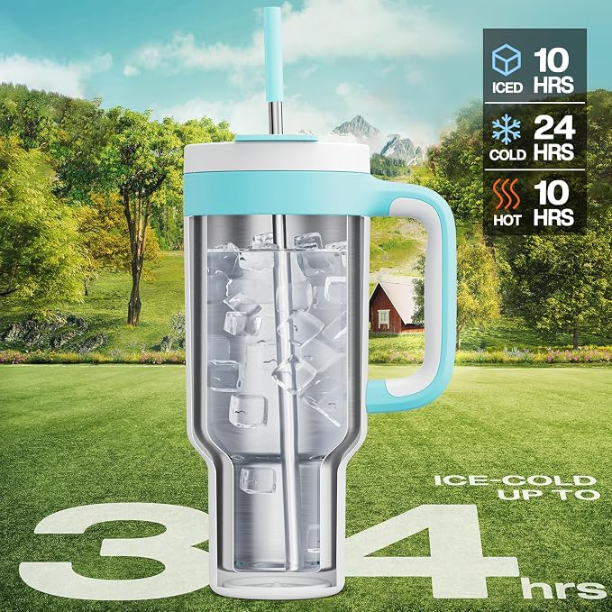 POWCAN 40 oz Tumbler with Handle, 2-in-1 Straw and Sip Lid, Leakproof, Dishwasher Safe, Insulated Stainless Steel Travel Coffee Mug, Keeps Cold for 34 Hours, Fits in Car Cup Holder (Glacier)