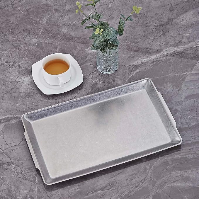 15.8" x 9.5" Large Serving Trays Vintage Style Stainless Steel Heavy-Duty Large Serving Platters, Silver Rectangular Plates for Food Fruit Party Wedding Christmas Chip and Scratch Resistant