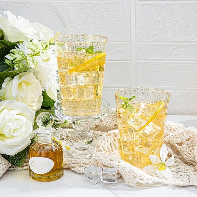 I00000 50 Pack 12 oz Gold Glitter Plastic Cups, Clear Disposable Cups, Disposable Plastic Wine Glasses Cocktail Glasses Premium Cups, 12 Ounce Glitter Tumblers for Party & Wedding