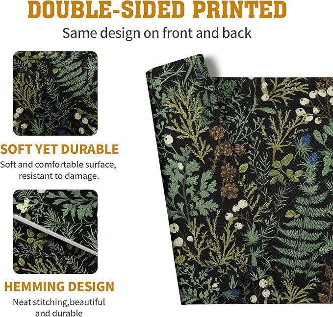 Black Sage Green Leaves Placemats Set of 4 Vintage Botanical Fern Leaf Floral Place Mats Farmhouse Heat Resistant Washable Kitchen Dining Linen Table Mats for Home Party Decor 12x18 Inch