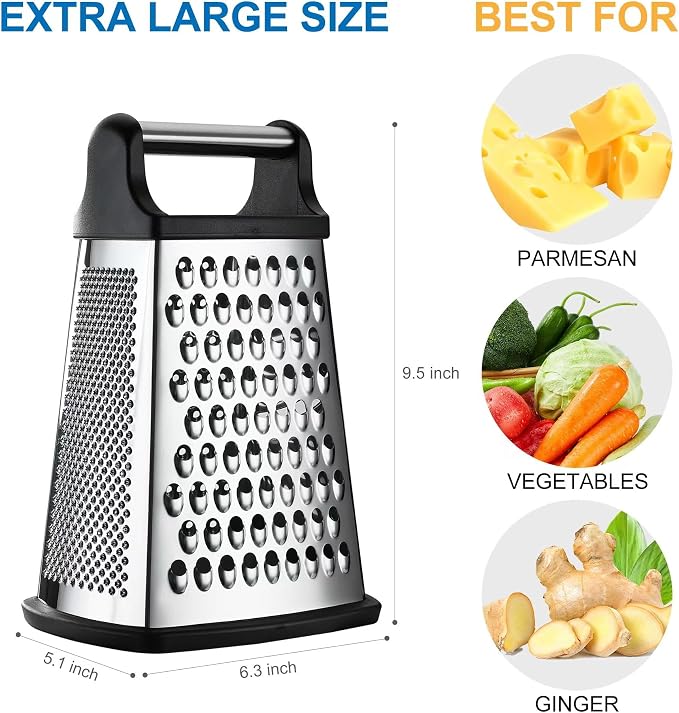 Professional Cheese Grater - Stainless Steel, XL Size, 4 Sides - Perfect Box Grater for Parmesan Cheese, Vegetables, Ginger - Dishwasher Safe - Black
