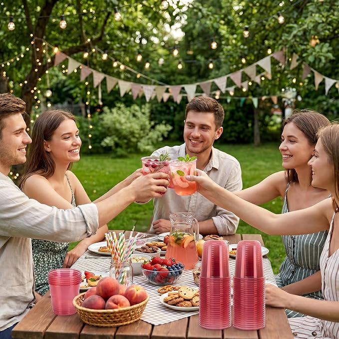 WELLIFE 100 Pcs 12 oz Clear Pink Plastic Cups | Disposable Cocktail Glasses Stemless Wine Punch Cups for Cold Drinking Wedding Party Supplies Valentine's Day