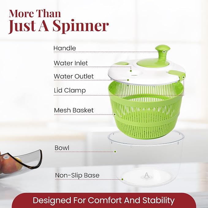 Salad Spinner | Spin & Dry Fruits, Vegetables & Greens Fast | Lettuce Washer with Dual Drain Holes | BPA-Free, Easy to Clean | 5.3 Quart Large Capacity