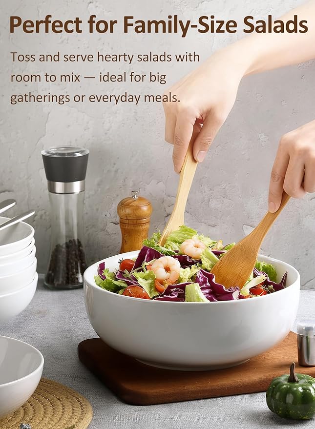 Pasta Serving Bowls 120 Ounce 9.7” Large Serving Bowls, Porcelain Salad Bowls for Kitchen, Big White Soup Bowls, Oven Dishwasher Safe, Set of 2 | Smooth Glaze, Easy-Clean, Stackable, Oven/Microwave/Dishwasher/Freezer Safe, Deep enough for Soup, Fruit, ...