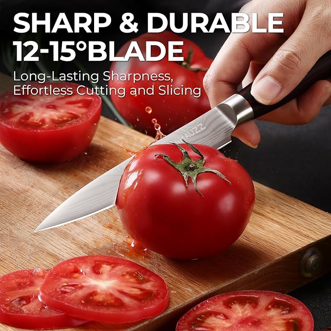 DiiHAUZZ Kitchen Utility Knife, 5 Inch Paring Knife, High Carbon Steel | Ultra Sharp Edge, Ergonomic Pakkawood Handle, Non Slip, Light Weight, Crack Resistant, Snap Resistant, Sheath, Gift Box