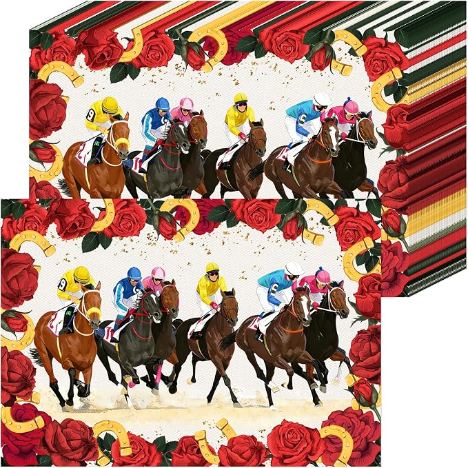 50 Pack Kentucky Horse Racing Disposable Paper Placemats | Rose Horseshoe Vintage Decorative Table Mats, Race Day, Wedding, Birthday Brunch Table Decor