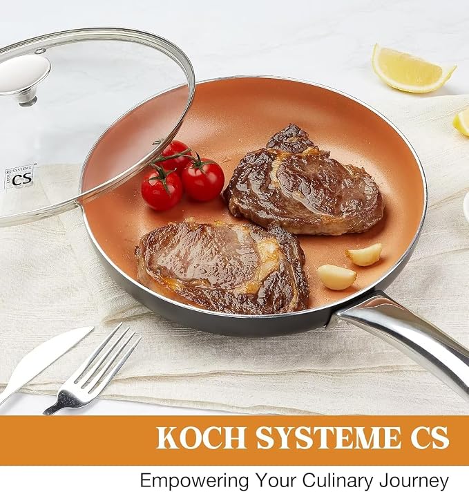 KOCH SYSTEME CS Little Skillet with Lid - 8" Copper Nonstick Frying Pan for Oven & Stove, Small Skillet with Ceramic Coating, Aluminum Nonstick Pan, 100% PFOA Free, All Stove Tops Compatible
