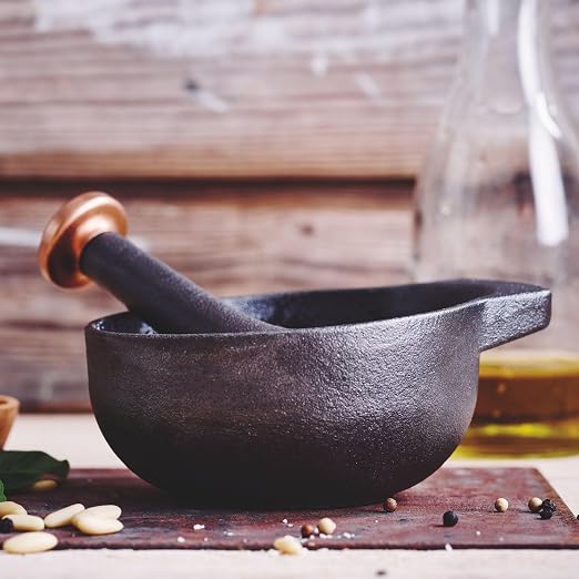 Alva Nori Enameled Cast Iron Mortar & Pestle Set | 2-cup, 4-inch capacity, Spice Grinder Bowl, Heavy-Duty Herb & Garlic Crusher with Textured Interior