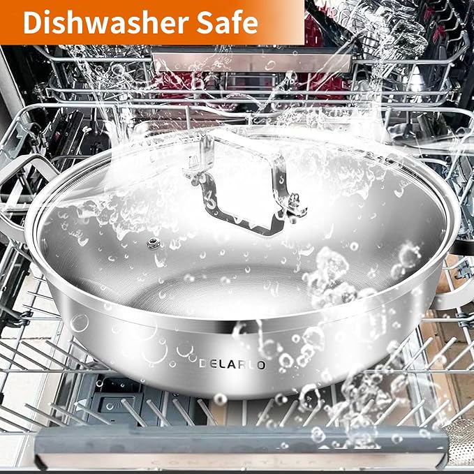 DELARLO Tri-Ply Stainless Steel Hot Pot 13 inch Everyday pan With lid,5QT | Deep Saute Pan, High Side Kitchen Cooking Pot, Chef's Pans, Induction Deep Frying Pan, 5QT Stock Pot, Up to 550℉