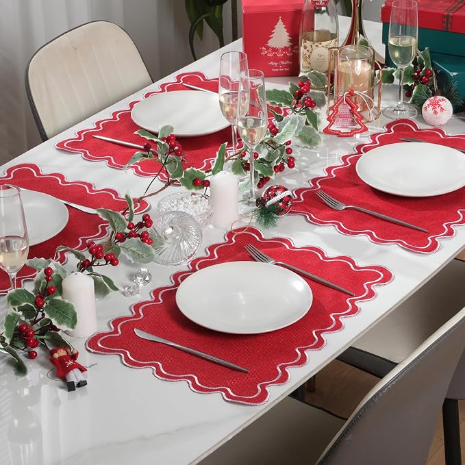 HunnmingRe Red with White Set of 6 Cotton Linen Wedding Placemats, 13x19 Inch Scalloped Wavy Embroidery Placemat Double Layered Washable Rustic Rectangle Dinner Table Mat for Home Decor