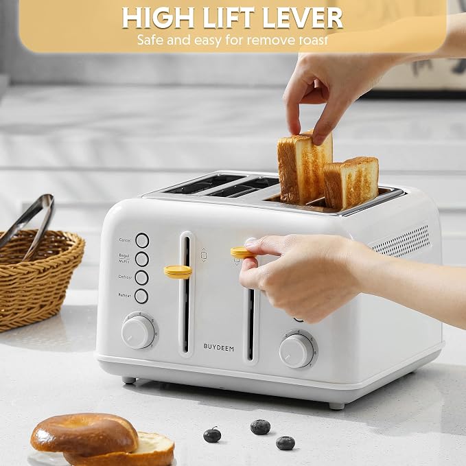BUYDEEM DT640 4-Slice Toaster, 7 Shade Settings, Extra Wide 1.5’’ Slots for Bagel & English Muffin, 6 Toasting Functions, Retro Stainless Steel Toaster with High Lift Lever, 1800W, Arctic White