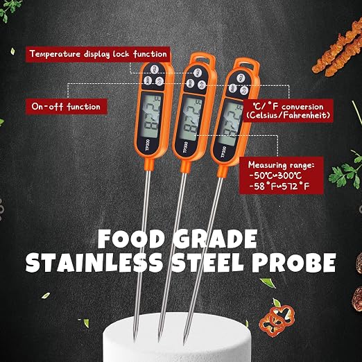 Instant Read Meat Thermometer with Long Probe 9.65 Inch Kitchen Cooking Food Candy Waterproof Digital Thermometer for BBQ Water Milk Yogurt Liquid(Orange,6 Pcs)