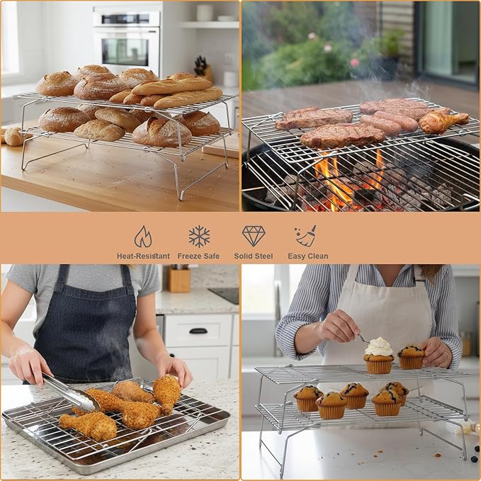 E-far 5-Tier Stainless Steel Cooling Rack, 15”x10.1" for Cooking and Baking | Stackable Wire Cooling Rack with Folding Leg, Non-toxic for Baking Cooking Cookies, Oven Safe & Dishwasher Safe