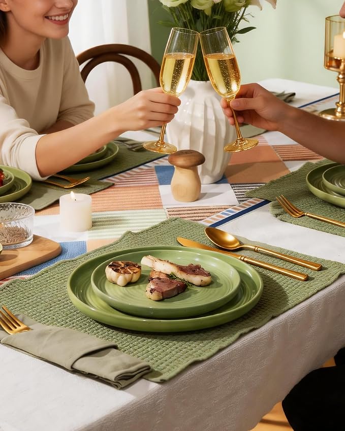 Dinnerware Sest for 8, Ceramic Plates & Bowls, Olive Green | 24-Piece Ceramic Speckled Spiral Dishes, Chip & Scratch Resistant, Microwave & Dishwasher Safe, Everyday Use, Farmhouse Style