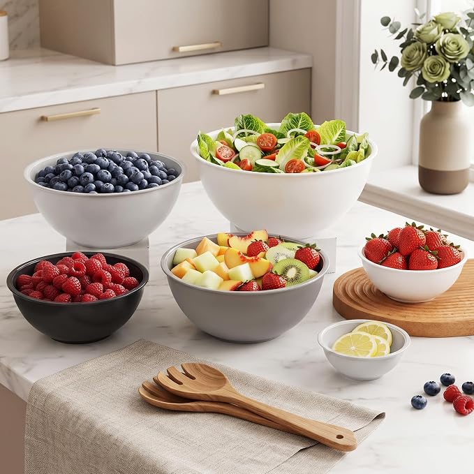 BoxedHome BPA Free Plastic Round Mixing Bowl with Lids, 12 Pack Nesting Bowls with Lids Set, Microwave and Dishwasher Safe Prep & Serving Bowls Great for Mixing, Baking, Serving (White, 12pcs)