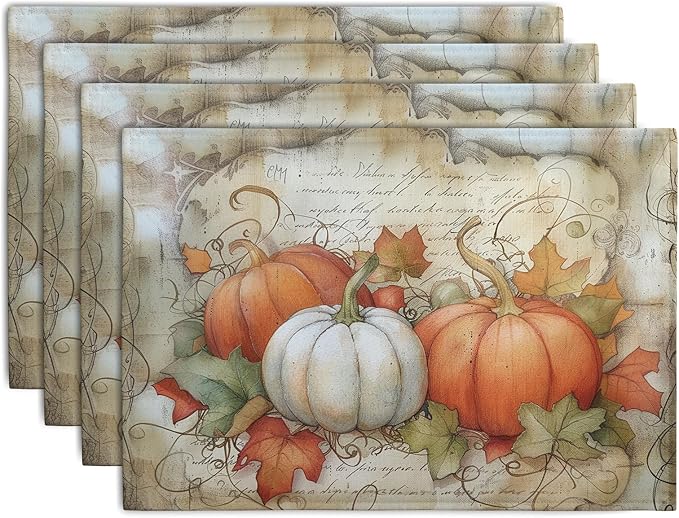 Fall Pumpkin Maple Leaf Placemats Set of 4, 12x18 Inch Vintage Autumn Harvest Rustic Leaves Table Mats Seasonal Fall Thanksgiving Washable Linen Fabric Place Mats for Party Kitchen Dining Decor