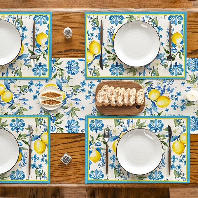 Artoid Mode Blue Lemon Iris Summer Placemats Set of 4, 12x18 Inch Seasonal Table Mats for Party Kitchen Dining Decoration