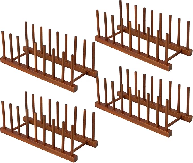 HBlife 4 Packs Teak Wooden Dish Drying Rack Kitchen Storage Plate Organizer | 8 Slots, Vertical Dish Racks for Cabinet Countertop & Wall, Plate Pot Lid Cutting Board Holder, Bowl Cup Drainer, Keep Dry